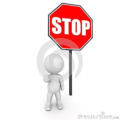 3D Character and Stop Sign Stock Photo