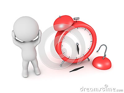 3D Character Stressed with Broken Alarm Clock Stock Photo