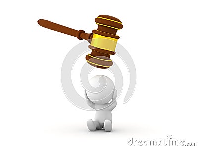 3D Character stressed because giant gavel is about to hit him Stock Photo