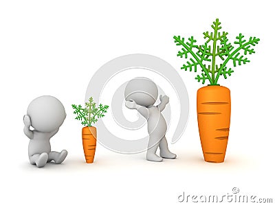 3D Character stressed because he has small carrot other is happy because he has large carrot Stock Photo