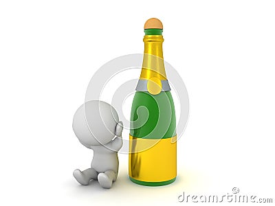 3D Character stressed next to champagne bottle Stock Photo