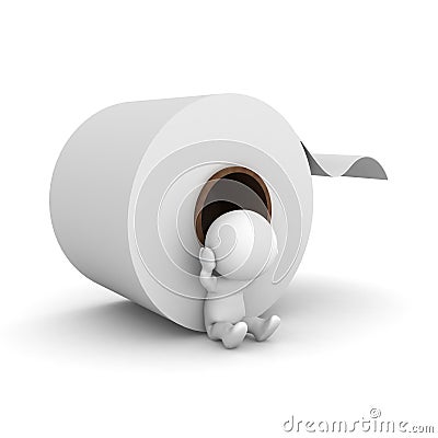 3D Character stressed next to a toilet paper roll Stock Photo