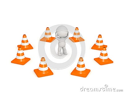 3D Character Stressed Surrounded by Orange Road Cones Stock Photo