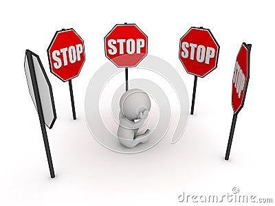 3D Character Stressed Surrounded by Stop Signs Stock Photo