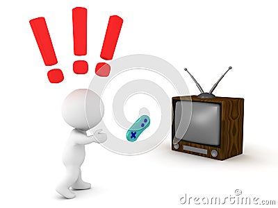 3D Character throwing angrily video game controller at the television screen Stock Photo