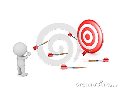 3D Character Throwing Darts and Missing the Target Stock Photo