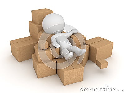3D Character thrown into pile of cardboard boxes Stock Photo
