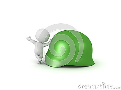 3D Character waving and leaning on green army helmet Stock Photo