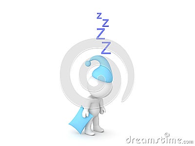 3D Character wearing blue nightcap who has fallen asleep upright Stock Photo