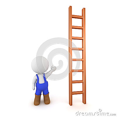 3D Character Wearing Overalls Showing Ladder Stock Photo