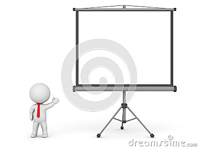 3D Character Wearing Red Tie Showing Large Projector Screen Stock Photo