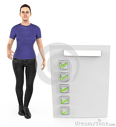 3d character , woman checkmark list , tick Stock Photo