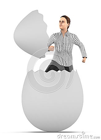 3d character , woman out from a cracked egg shell Stock Photo