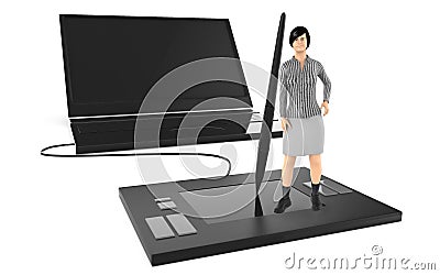 3d character , woman standing over a large graphic tablet and leaning towards a stylus , near to a large latop Stock Photo