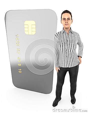 3d character , woman standing to a chip enabled electronic card Stock Photo