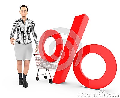 3d character , woman , trolley and percentage sign Stock Photo