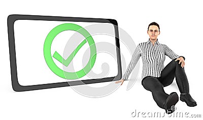 3d character , women sitting next to a tick mark sign bounded by a circle inside a curved edge black border Stock Photo