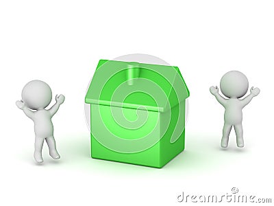 3D Characters Cheering and Small Green House Stock Photo