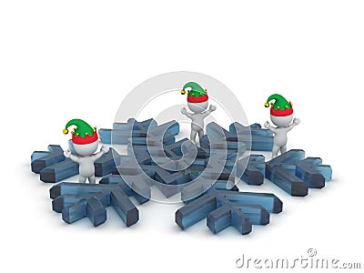 3D Characters with Elf Hats and Large Snowflake Stock Photo