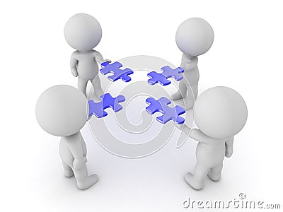 3D Characters holding blue puzzle pieces in their hands Stock Photo