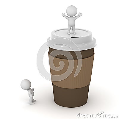 3D Characters and Large Coffee Cup Stock Photo