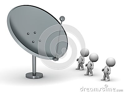 3D Characters Looking at Large Antenna Dish Stock Photo