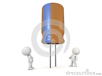 3D Characters Looking Up at Large Capacitor Stock Photo