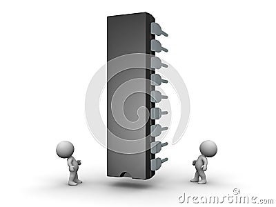 3D Characters Looking Up at Large Integrated Circuit Stock Photo