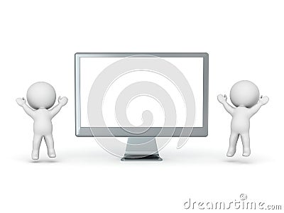 3D Characters Looking Up at Very Large HDTV Stock Photo