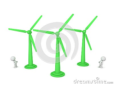 3D Characters Looking Up at Wind Turbines Stock Photo