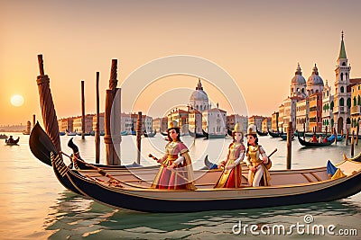 people sailing in gondolas at gran canal in venice in antique times, illustration Cartoon Illustration