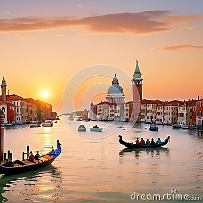 people sailing in gondolas at gran canal in venice in antique times, illustration Cartoon Illustration