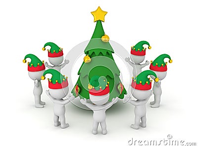 3D Characters wearing Elf Hats standing around a Decorated Cartoonish Christmas Tree Stock Photo