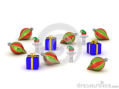 3D Charcters with Elf Hats, Gifts, and Globes Stock Photo