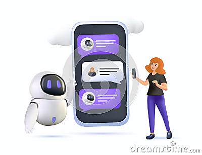 3D Chatbot virtual assistant abstract concept vector illustration. Artificial intelligence, online smart robot, device Vector Illustration