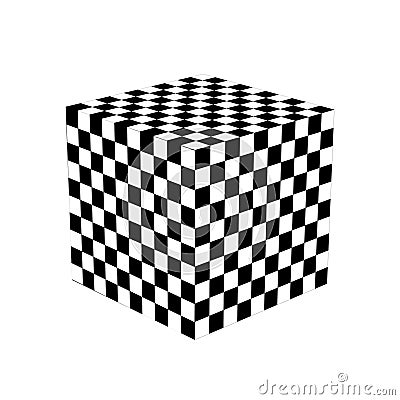 3D checkered cube isolated on white background. Isometric box with chequered pattern. Square shape in three dimension Vector Illustration
