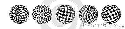 3d checkered texture sphere globe graphics shape set. Circle round ball mesh, white grid check, black, abstract chess Vector Illustration