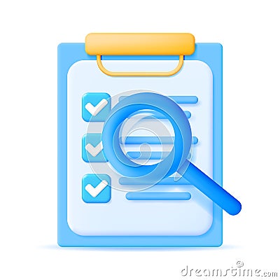 3D Checklist on Clipboard with Magnifying Glass Stock Photo