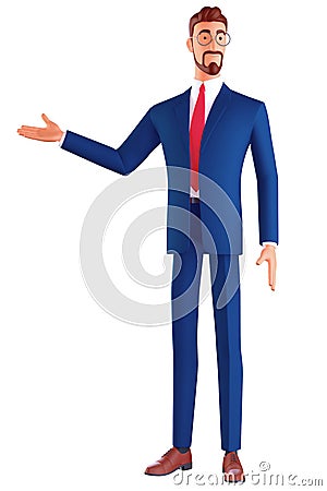 3d Cheerful businessman brunette man in glasses wearing a blue suit, showing empty copy space on open hand palm for text Stock Photo