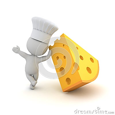 3D Chef leaning on piece of cheese Stock Photo