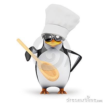 3d Chef penguin with wooden spoon Stock Photo