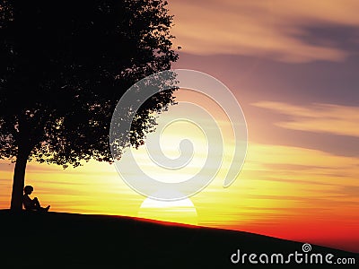 3D child sat under a tree against a sunset landscape Stock Photo