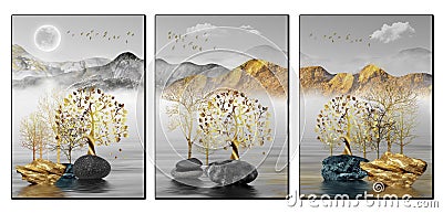 3d chinese landscape. gray background golden tree and birds , mountains and white clouds. stone in water. for canvas art print Stock Photo