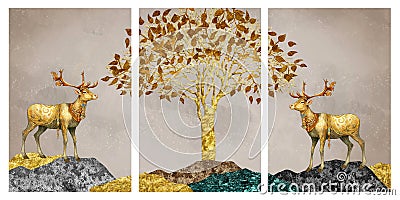 3d Chinese landscape wallpaper. gray background with the golden trees, deer . golden, black, turquoise, black mountains Stock Photo