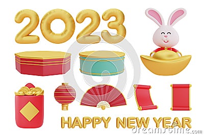 3D Chinese new year elements isolated, decoration for Chinese new year, Chinese Festivals, Lunar, CYN 2023, Year of the Rabbit, 3d Stock Photo