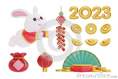 3D Chinese new year elements isolated, decoration for Chinese new year, Chinese Festivals, Lunar, CYN 2023, Year of the Rabbit, 3d Stock Photo