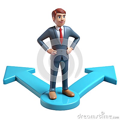 3D Choice between two options. Dilemma 3D questioned man doubting, deciding, choosing, comparing alternatives, risks. 3D render Cartoon Illustration