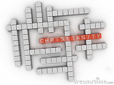 3d Christianity, religion of Bible. Word cloud sign. Stock Photo