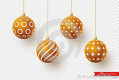 3d Christmas brown balls with geometric pattern. Decorative elements for holiday new year design. Isolated on Vector Illustration