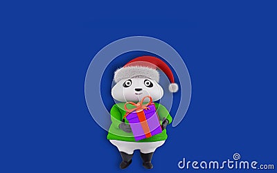 3D Christmas character holding a gift box, 3d render. Christmas Panda bear dressed in sweater Stock Photo